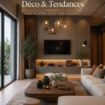 Un salon moderne décoré avec des éclairages élégants et des meubles contemporains.
