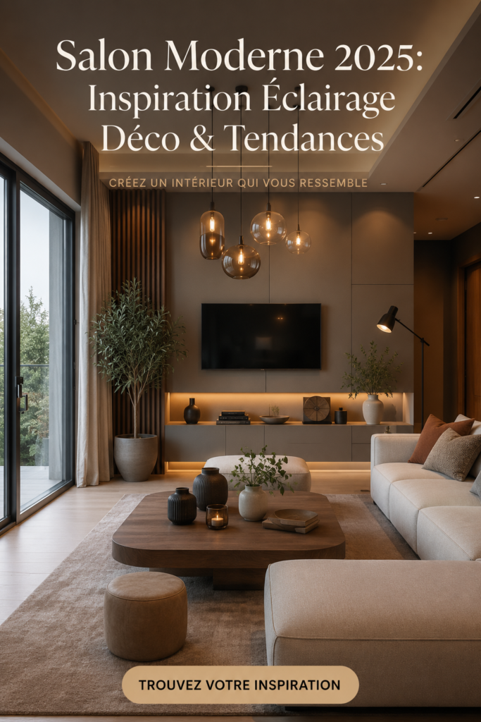 Un salon moderne décoré avec des éclairages élégants et des meubles contemporains.