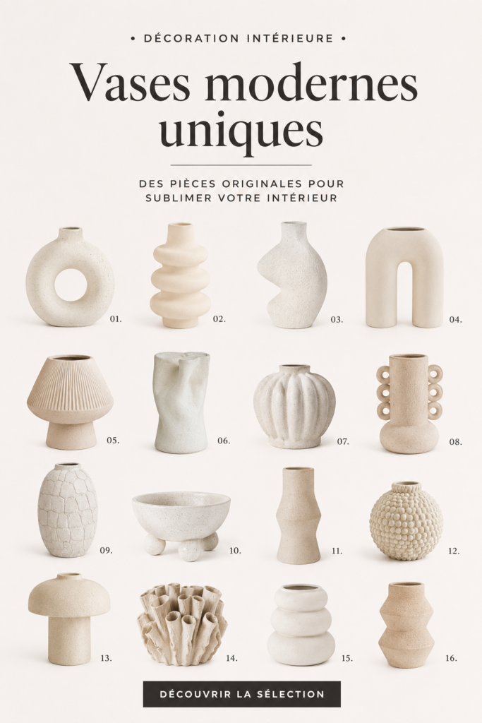 Vases modernes uniques en céramique sur une table moderne.
