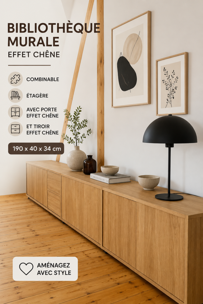 Bibliothèque murale moderne avec effet chêne dans un salon chaleureux