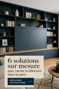 Salon avec télévision soigneusement dissimulée derrière un panneau en bois.