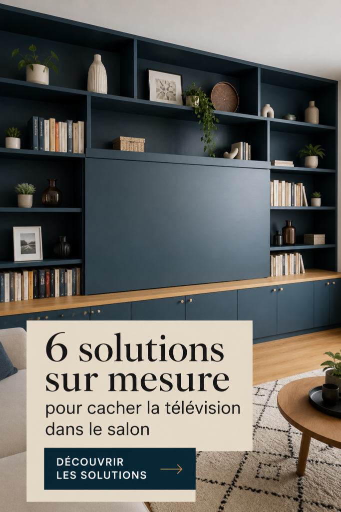 Salon avec télévision soigneusement dissimulée derrière un panneau en bois.