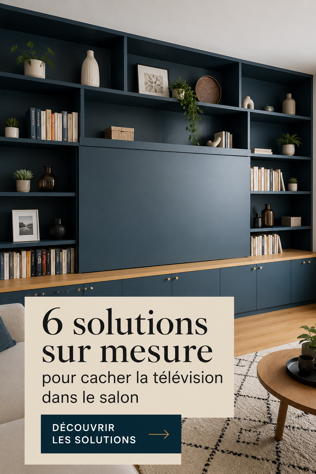 Salon avec télévision soigneusement dissimulée derrière un panneau en bois.