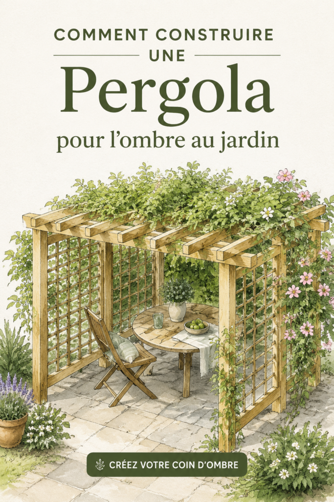 Une pergola en bois dans un jardin, offrant un espace ombragé pour se détendre.