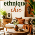 Un salon décoré dans un style ethnique chic avec des coussins colorés et des œuvres d'art.