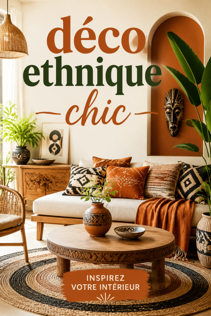 Un salon décoré dans un style ethnique chic avec des coussins colorés et des œuvres d'art.