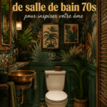 Salle de bain décorée avec des éléments inspirés des années 70, couleurs vives et motifs géométriques