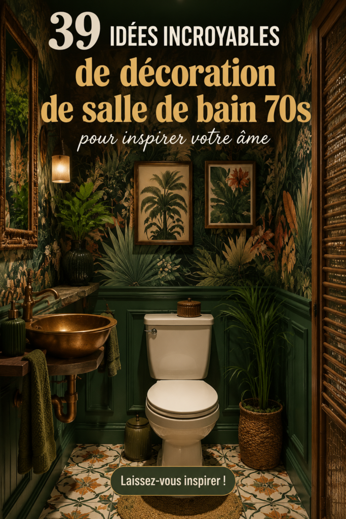 Salle de bain décorée avec des éléments inspirés des années 70, couleurs vives et motifs géométriques