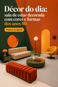 Salon décoré dans les couleurs et styles des années 80, avec des formes rétro audacieuses