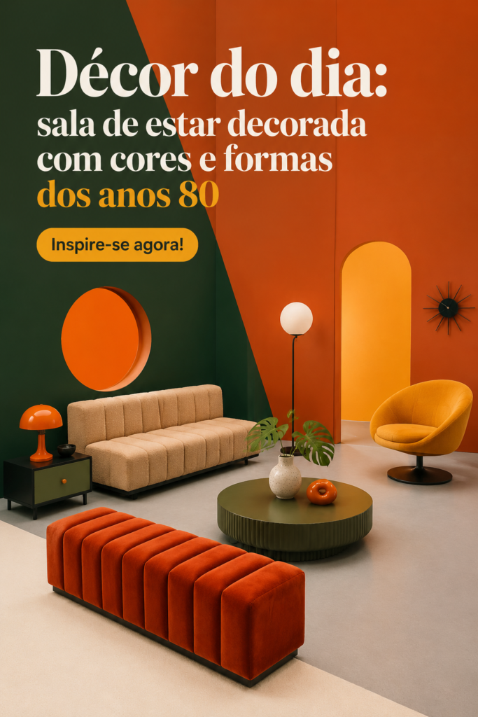 Salon décoré dans les couleurs et styles des années 80, avec des formes rétro audacieuses