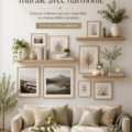 Un mur décoré de manière harmonieuse avec des cadres, des livres et des plantes, créant une ambiance chaleureuse.