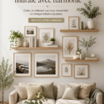 Un mur décoré de manière harmonieuse avec des cadres, des livres et des plantes, créant une ambiance chaleureuse.