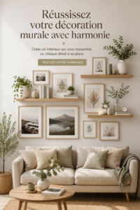 Un mur décoré de manière harmonieuse avec des cadres, des livres et des plantes, créant une ambiance chaleureuse.