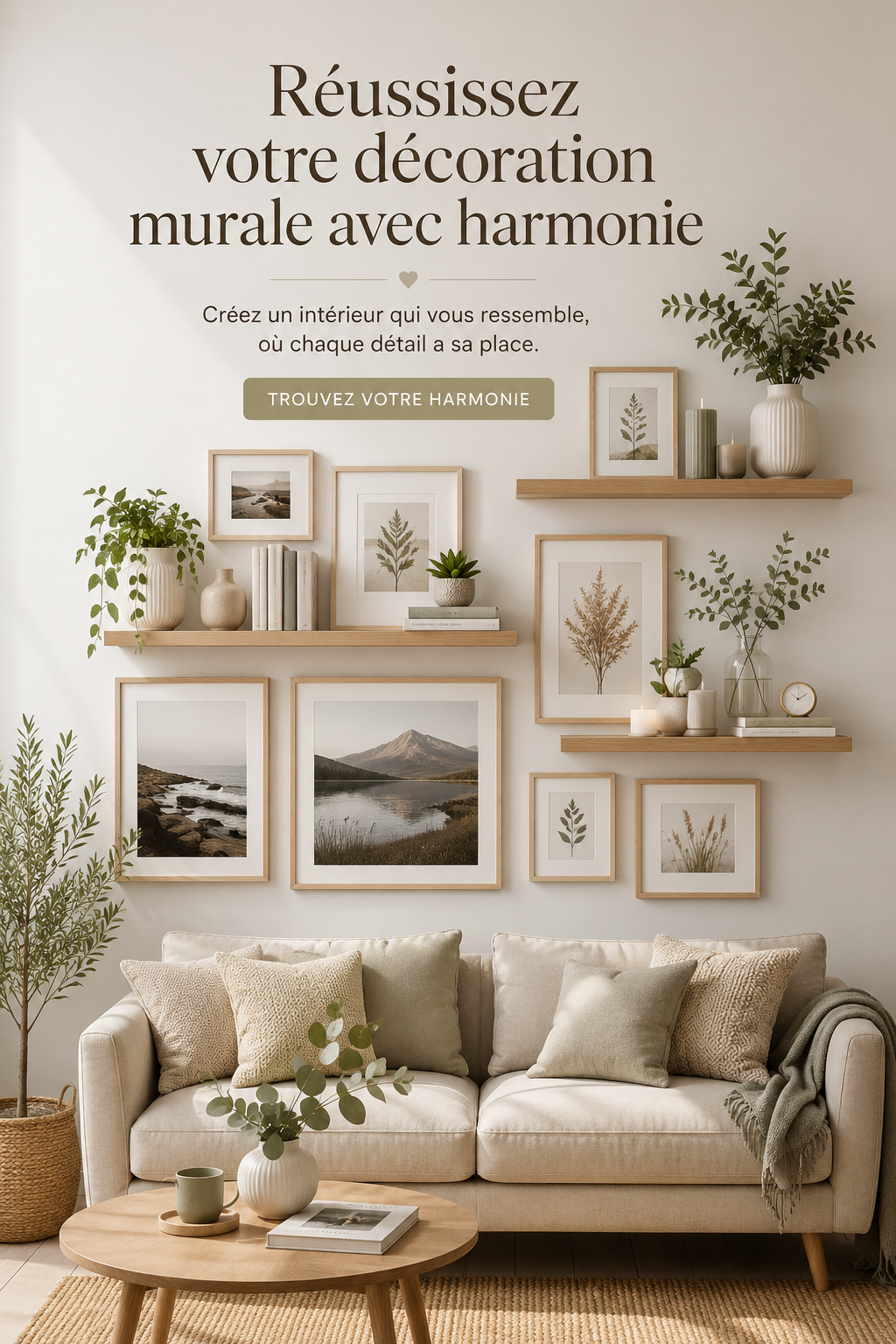 Un mur décoré de manière harmonieuse avec des cadres, des livres et des plantes, créant une ambiance chaleureuse.