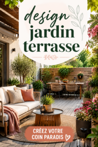 Un jardin et terrasse joliment aménagés avec du mobilier confortable et des plantes colorées.