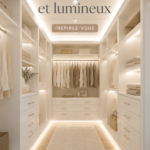 Vue d'un dressing blanc moderne lumineux avec un agencement en U