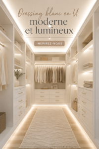 Vue d'un dressing blanc moderne lumineux avec un agencement en U