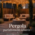 Un éclairage chaleureux sous une pergola moderne avec des guirlandes lumineuses.