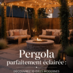 Un éclairage chaleureux sous une pergola moderne avec des guirlandes lumineuses.