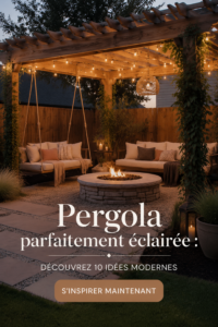 Un éclairage chaleureux sous une pergola moderne avec des guirlandes lumineuses.