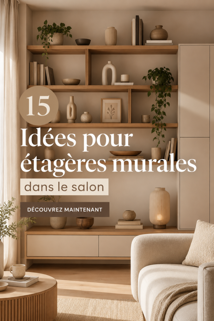 Etagères décoratives en bois dans un salon chaleureux