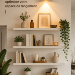 Étagères DIY en bois créées à la main dans un salon moderne.