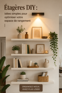 Étagères DIY en bois créées à la main dans un salon moderne.