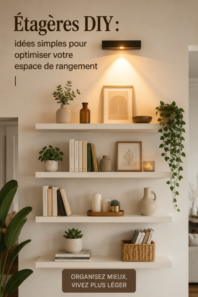 Étagères DIY en bois créées à la main dans un salon moderne.