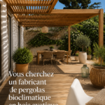 Une pergola bioclimatique en bois dans un jardin méditerranéen.