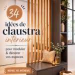 Un intérieur moderne avec un claustra en bois qui sépare les espaces.