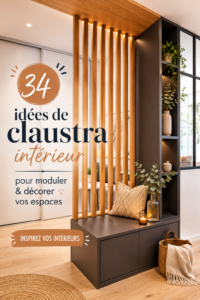 Un intérieur moderne avec un claustra en bois qui sépare les espaces.