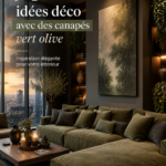 Un salon avec un canapé olive élégant et chaleureux, entouré d'éléments de décoration douce.