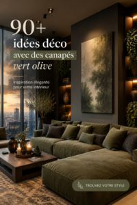 Un salon avec un canapé olive élégant et chaleureux, entouré d'éléments de décoration douce.