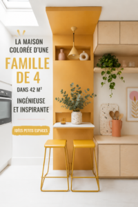 Un salon coloré et accueillant dans un espace familial de 450 pieds carrés.