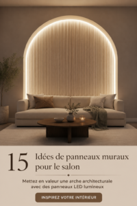 Salon moderne avec des panneaux muraux en bois et un éclairage doux