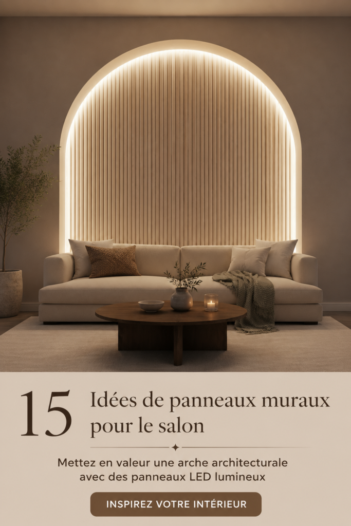 Salon moderne avec des panneaux muraux en bois et un éclairage doux