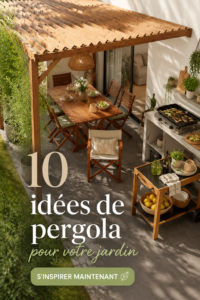 Jardin décoré avec une pergola en bois et des plantes vertes