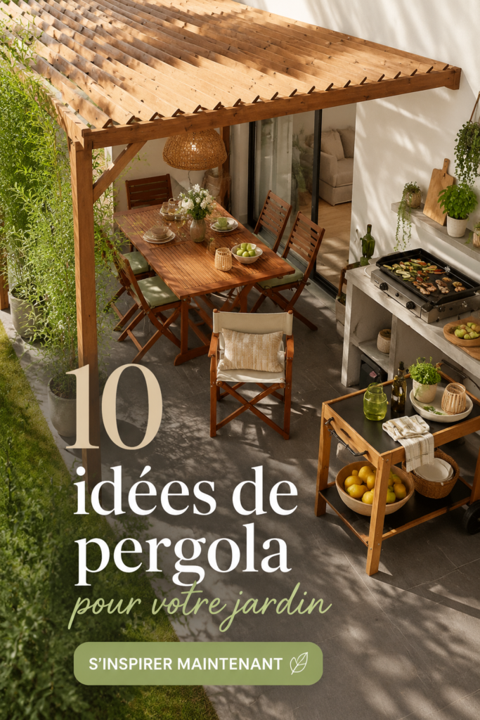 Jardin décoré avec une pergola en bois et des plantes vertes