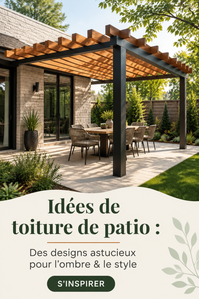 Un patio bien décoré avec une pergola en bois offrant de l'ombre et du style.