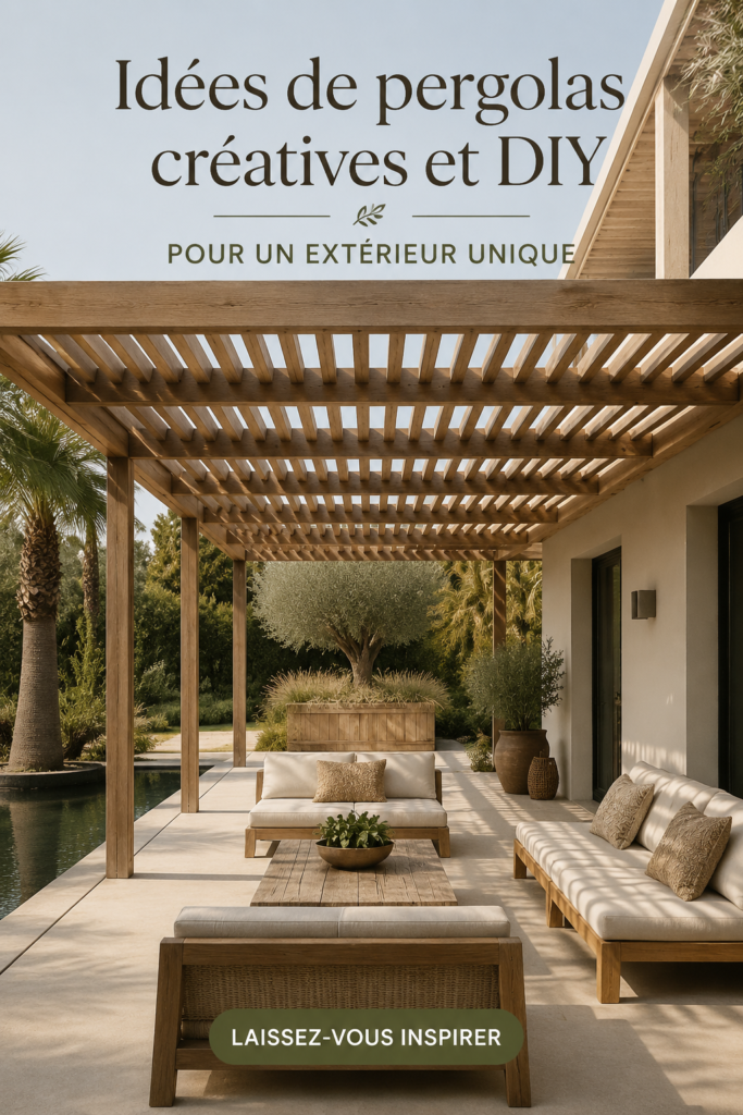 Une belle pergola en bois dans un jardin fleuri.