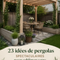 Un jardin élégant avec une pergola en bois, créant un coin confortable.