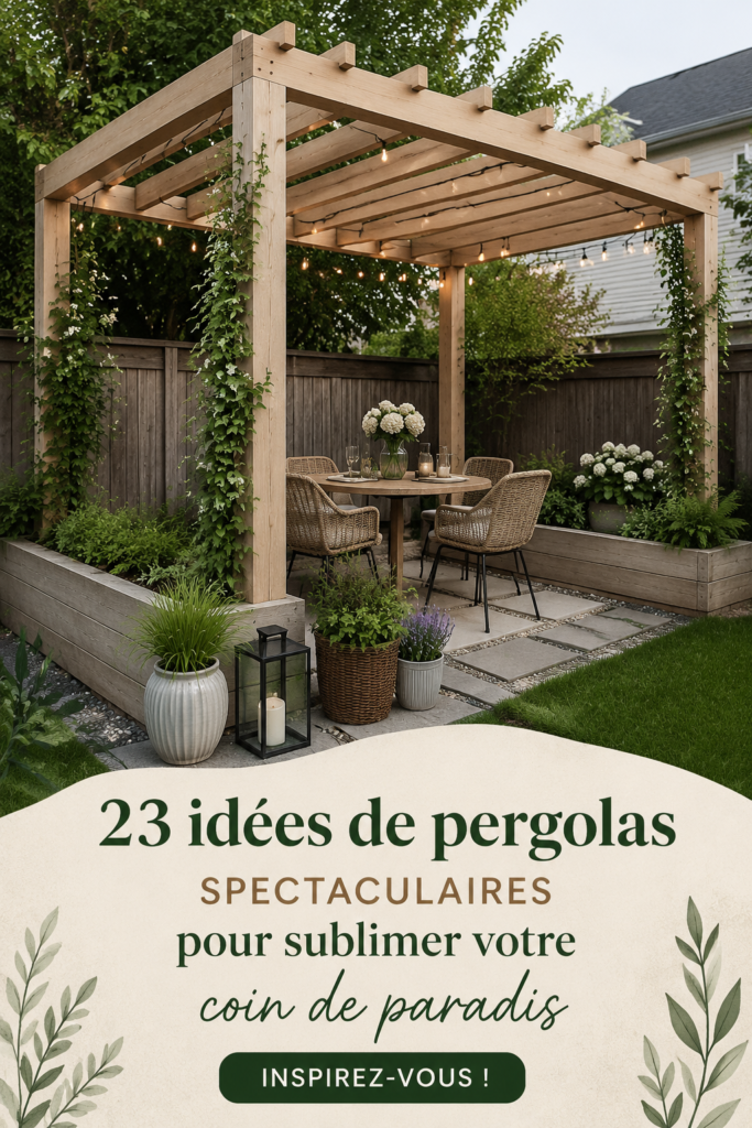 Un jardin élégant avec une pergola en bois, créant un coin confortable.