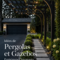 Une belle pergola en bois dans un jardin fleuri.
