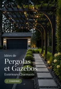 Une belle pergola en bois dans un jardin fleuri.