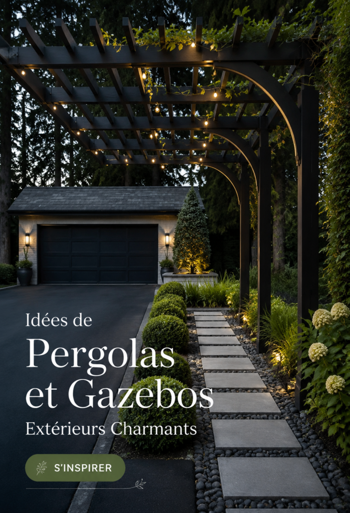 Une belle pergola en bois dans un jardin fleuri.