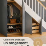 Rangement pratique et esthétique sous un escalier moderne.