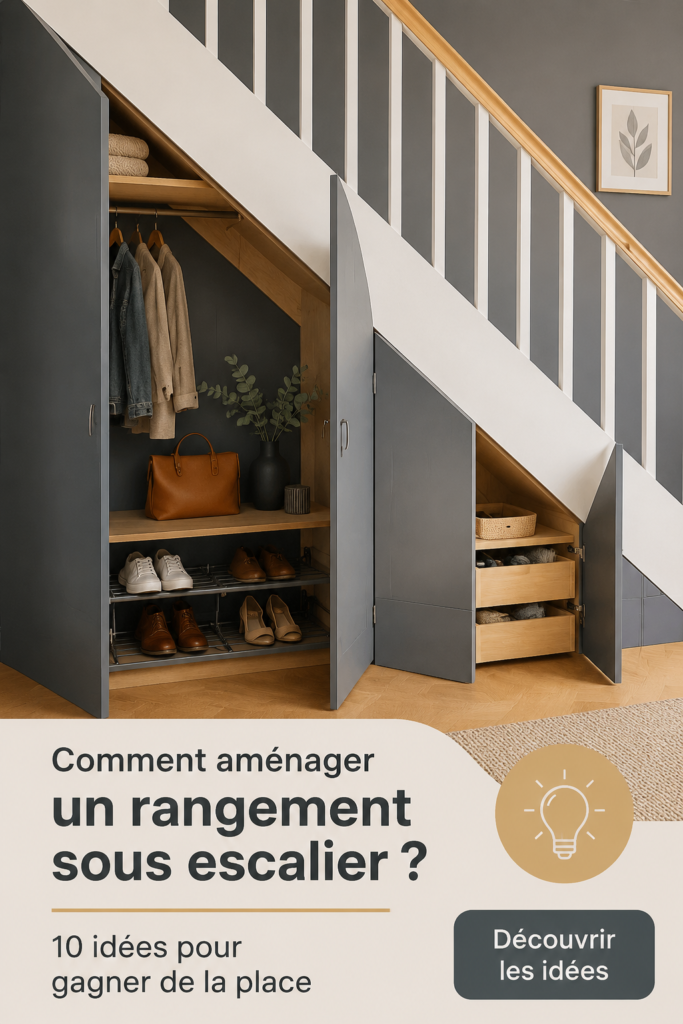 Rangement pratique et esthétique sous un escalier moderne.