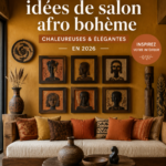 Salon afro-hémiste chaleureux avec des couleurs vives et des motifs traditionnels
