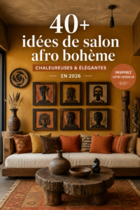 Salon afro-hémiste chaleureux avec des couleurs vives et des motifs traditionnels