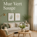 Mur peint en vert sauge, créant une ambiance apaisante dans un salon.